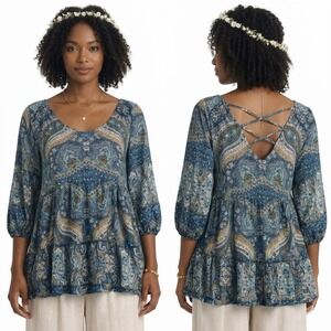 Umgee Cottagecore Tunic Top Blue Paisley Crisscross Back Boho Feminine Size S